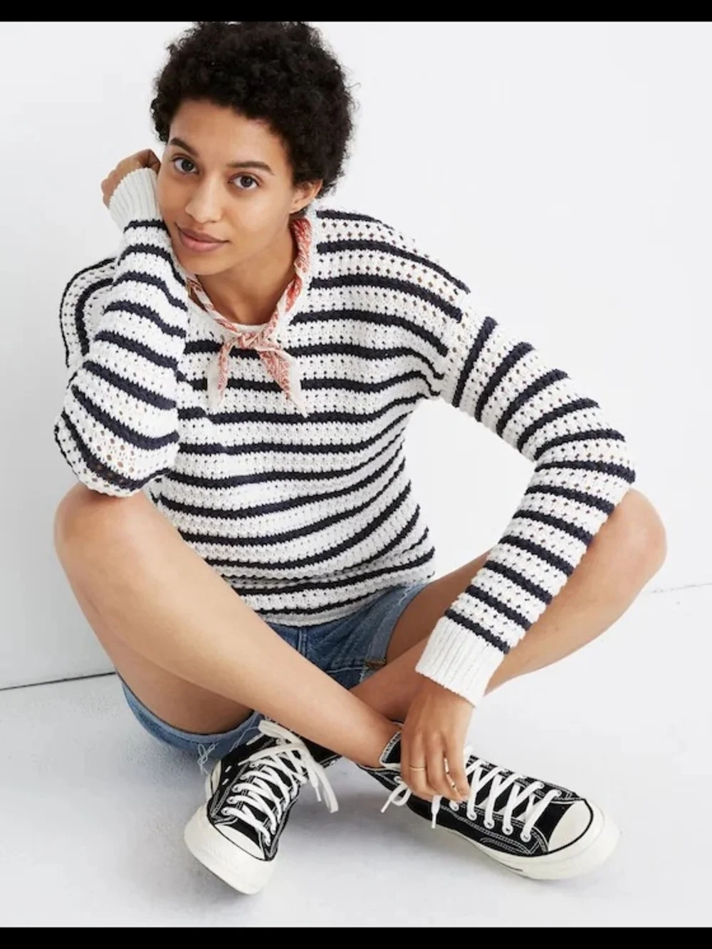 Striped Open-Stitch Austen Pullover Sweater